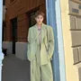 Set: Peak Lapel Plain Asymmetrical Blazer + Mid Rise Wide Leg Dress Pants