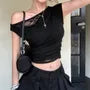 One-Shoulder Short Sleeve Asymmetrical Ruched Lace Trim Crop Top