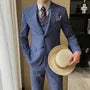 Set: Lapel Collar Melange Single-Breasted Blazer + V-Neck Vest + Mid Rise Straight Leg Dress Pants