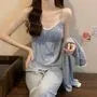 Pajama Set: Plain Contrast Trim Camisole Top + Light Jacket + Pants