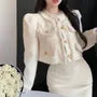 Set: Round Neck Plain Fringed Crop Button Jacket + High Rise Midi Pencil Skirt