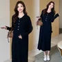 Maternity Long-Sleeve Collared Half-Buttoned Plain Midi Shift Knit Dress