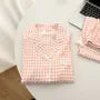 Pajama Set: Long-Sleeve Lapel Collar Plaid Lace Trim Button-Up Top + Pants