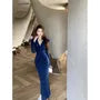 Long Sleeve V-Neck Plain Lace Maxi Sheath Dress