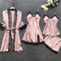 Pajama Set: Satin Panel Lace Camisole Top + Spaghetti Strap Nightdress + Shorts + Robe