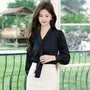 Long Sleeve V-Neck Plain Satin Blouse / High Waist Plain Midi Pencil Skirt / Pleated Midi A-Line Skirt