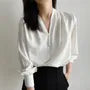 Long-Sleeve V-Neck Plain Faux Pearl Satin Blouse