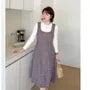 [XL-4XL] Set: Long-Sleeve Crew Neck Plain Tee + Scoop Neck Button-Up Midi A-Line Dungaree Dress