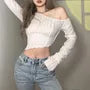 Long-Sleeve Off-Shoulder Asymmetrical Hem Crop Top