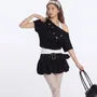 Short Sleeve Mock Two Piece Cold Shoulder Color-Block Slim-Fit Top