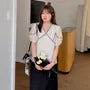 [XL-4XL] Short Sleeve V-Neck Micro Dotted Panel Blouse