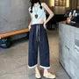 Drawstring Waist Lace Trim Cropped Straight Leg Pants