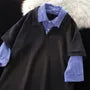 Mock Two-Piece 3/4-Sleeve Plaid Panel Polo Shirt