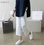 Elastic Waist Plain Linen Cotton Crop Wide Leg Pants