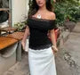 Short Sleeve Off Shoulder Lace-Trim Slim-Fit Crop Top