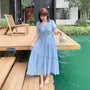 [XL-4XL] Puff-Sleeve V-Neck Plain Frill Trim Tie Front Midi A-Line Dress