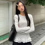 Long Sleeve Polka Dot Ruffled-Trim Slim-Fit Top
