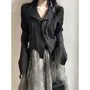 Long-Sleeve V-Neck Plain Asymmetric Hem Ruched Shirt
