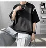 Short Sleeve Round Neck Pinstriped Patchwork T-Shirt