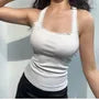 Square Neck Plain Lace Trim Racerback Slim Fit Tank Top