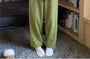 Pajama Set: Long Sleeve V-Neck Contrast Trim Button Fleece Top + Plain Straight Leg Pants