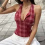 Halter Split Neck Plaid Hook And Eye Open Back Crop Corset Top