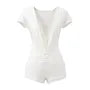 Short-Sleeve V-Neck Plain Lace Panel Ruched Romper