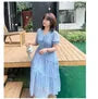 [XL-4XL] Puff-Sleeve V-Neck Plain Frill Trim Tie Front Midi A-Line Dress