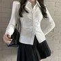 Long-Sleeve Plain Ruched Button-Up Slim Fit Shirt / High Rise Pleated Mini A-Line Skirt