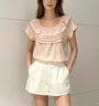 Short Sleeve Ruffled-Trim Plain Loose-Fit Blouse