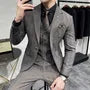 Set: Notch Lapel Plaid Single-Button Blazer + Single-Breasted Vest + Mid Rise Cropped Tapered Dress Pants