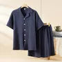 Pajama Set: Short-Sleeve Lapel Collar Plain Button Top + Lounge Shorts