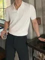 Short Sleeve V-Neck Plain Ribbed Knit Polo Top