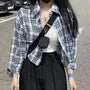 Long-Sleeve Button-Up Plaid Crop Blouse