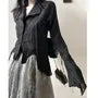 Long-Sleeve V-Neck Plain Asymmetric Hem Ruched Shirt