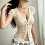 Cap Sleeve V-Neck Lace See-Through Slim-Fit Blouse