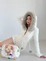 Long-Sleeve Fluffy Trim Hooded Half-Buttoned Cable Knit Romper