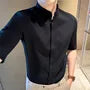 Elbow-Sleeve Stand Collar Button-Up Plain Waffle Shirt
