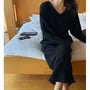 Set: V-Neck Plain Sweater + High Waist Midi Pencil Knit Skirt