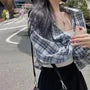 Long-Sleeve Button-Up Plaid Crop Blouse