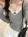 Long Sleeve Square-Neck Lace-Trim Accent Slim-Fit Top