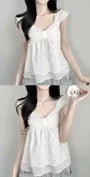 Cap-Sleeve V-Neck Perforated Flowy Crop Top