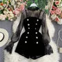 Set: Long Sleeve Mesh Top + Double Breasted Velvet Playsuit