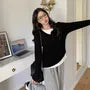 Long Sleeve Mock Two Piece Color-Block Loose-Fit Tee
