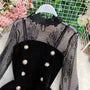 Set: Long Sleeve Mesh Top + Double Breasted Velvet Playsuit
