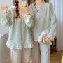 Couple Matching Long-Sleeve V-Neck Gingham Print Lace Trim Midi Pajama Dress / Top / Pants / Set (Various Designs)