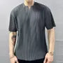 Elbow-Sleeve Notch Neck Plain Ribbed T-Shirt