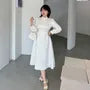 [XL-4XL] Long Sleeve Mandarin Collar Faux Pearl Trim Jacquard Midi A-Line Dress