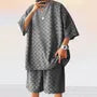 Set: 3/4-Sleeve Crew Neck Checkerboard T-Shirt + Drawstring Waist Wide Leg Sweat Shorts