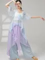 Elbow-Sleeve V-Neck Tie Front Plain Dance Top / High Waist Asymmetrical Skirt Overlay Wide Leg Pants